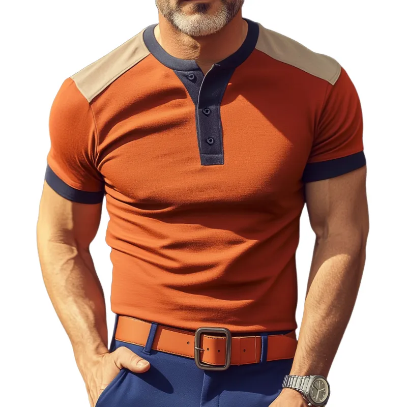 Men's Vintage Casual Cotton Colorblock Henley Collar Short Sleeve T-Shirt MTA2705C8TO sold by Manly