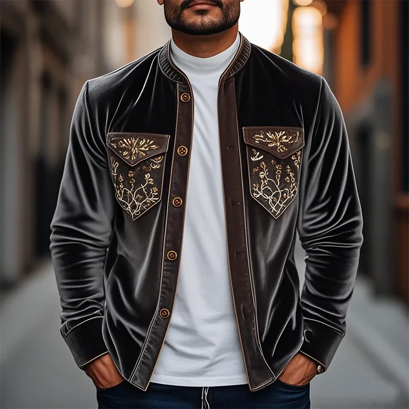 Men's Spring Fashion Retro Embroidered Velvet Long Sleeve Shirt MTA2703C3K sold by Manly product image thumbnail 2