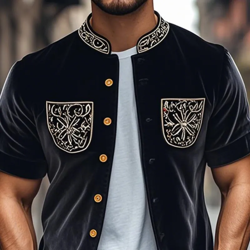 Men's Spring Fashion Retro Embroidered Velvet Stand Collar Short Sleeve Shirt MTA2768C5K sold by Manly product image thumbnail 3