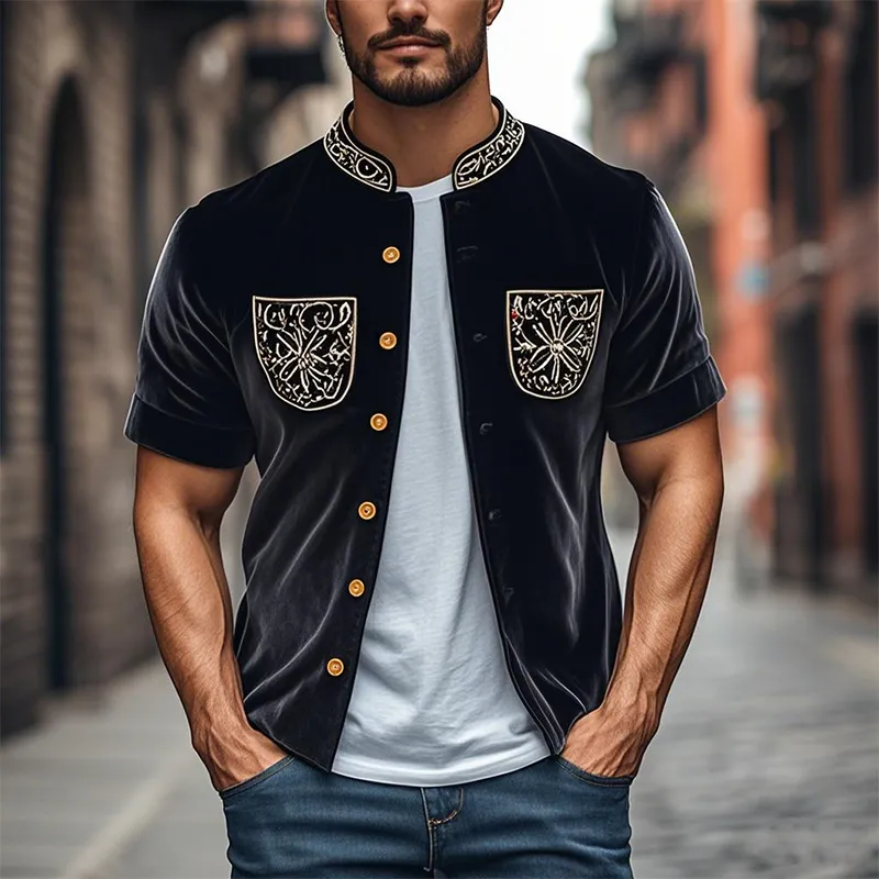 Men's Spring Fashion Retro Embroidered Velvet Stand Collar Short Sleeve Shirt MTA2768C5K sold by Manly product image thumbnail 2