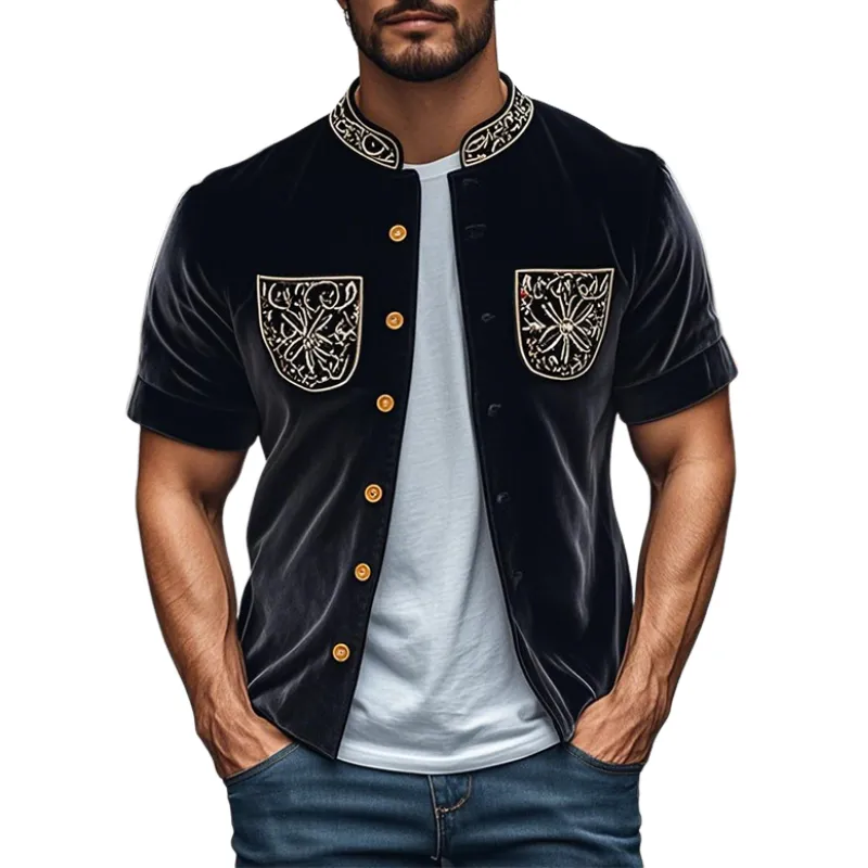 Men's Spring Fashion Retro Embroidered Velvet Stand Collar Short Sleeve Shirt MTA2768C5K sold by Manly