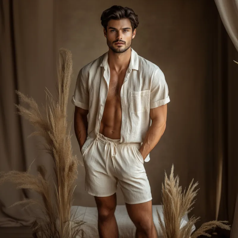 Men's Casual Linen Lapel Short-sleeved Shirt Loose Shorts Set 09751807M sold by Manly product image thumbnail 4
