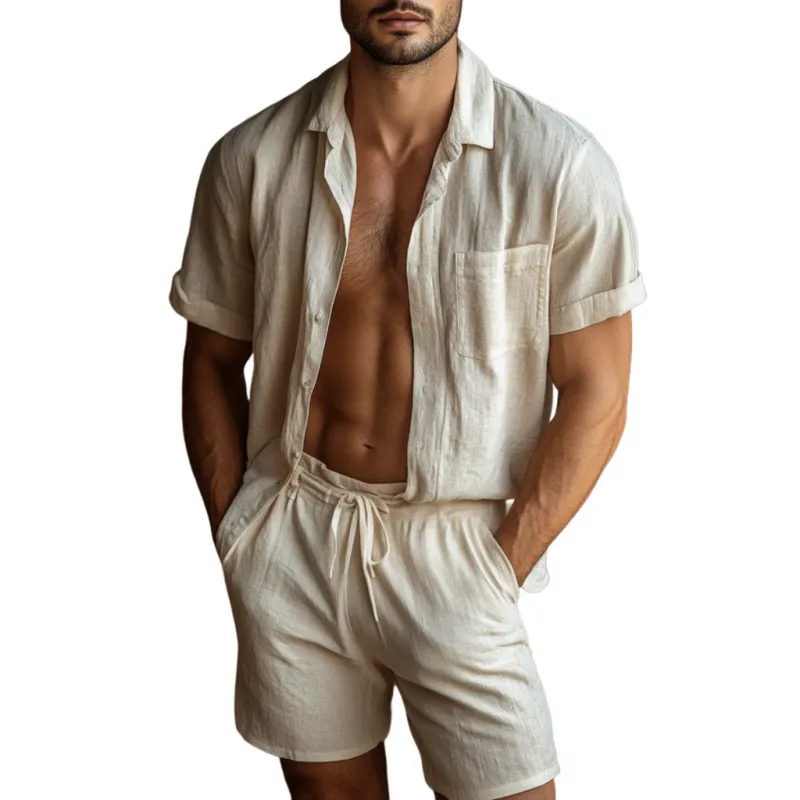 Men's Casual Linen Lapel Short-sleeved Shirt Loose Shorts Set 09751807M sold by Manly