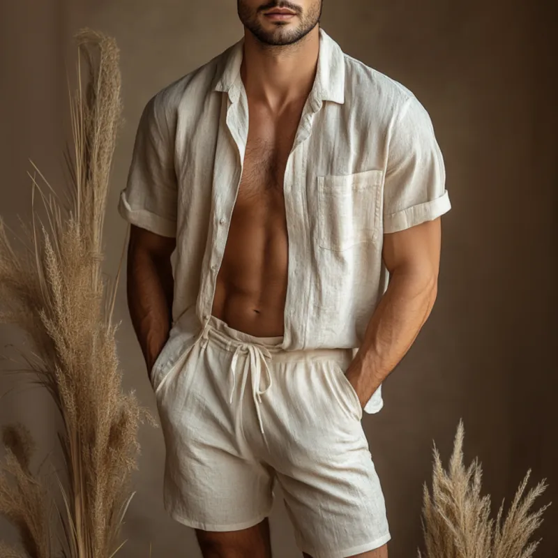Men's Casual Linen Lapel Short-sleeved Shirt Loose Shorts Set 09751807M sold by Manly product image thumbnail 2