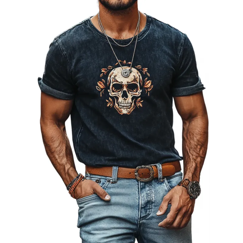 Men's Retro Denim Washed Skull Print Round Neck Slim Fit Short Sleeve T-Shirt 79843623M sold by Manly
