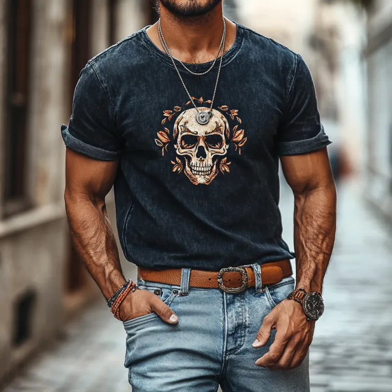 Men's Retro Denim Washed Skull Print Round Neck Slim Fit Short Sleeve T-Shirt 79843623M sold by Manly product image thumbnail 2