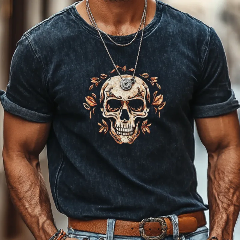 Men's Retro Denim Washed Skull Print Round Neck Slim Fit Short Sleeve T-Shirt 79843623M sold by Manly product image thumbnail 3