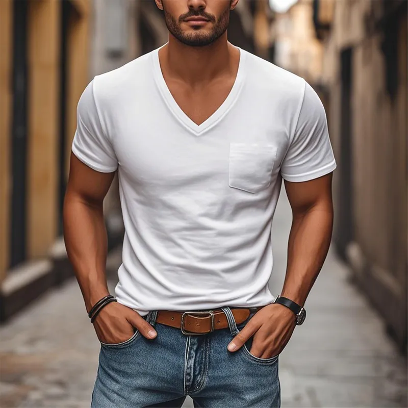 Men's Casual Comfortable Cotton V-Neck Patch Pocket Slim Fit Short Sleeve T-Shirt MTA2750C5M sold by Manly product image thumbnail 4
