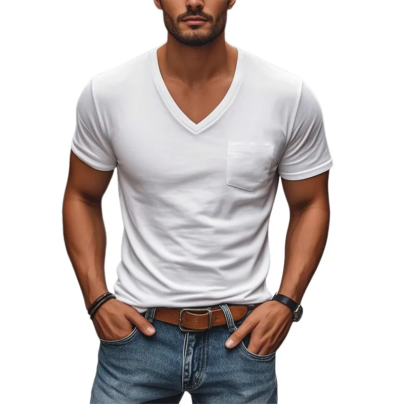 Men's Casual Comfortable Cotton V-Neck Patch Pocket Slim Fit Short Sleeve T-Shirt MTA2750C5M sold by Manly product image thumbnail 2