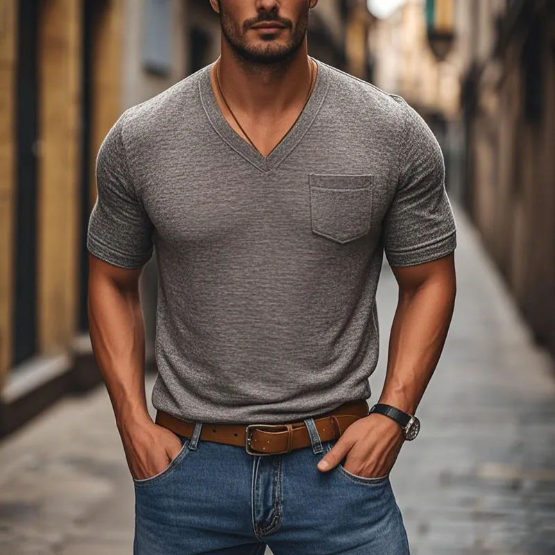 Men's Casual Comfortable Cotton V-Neck Patch Pocket Slim Fit Short Sleeve T-Shirt MTA2750C5M sold by Manly product image thumbnail 3