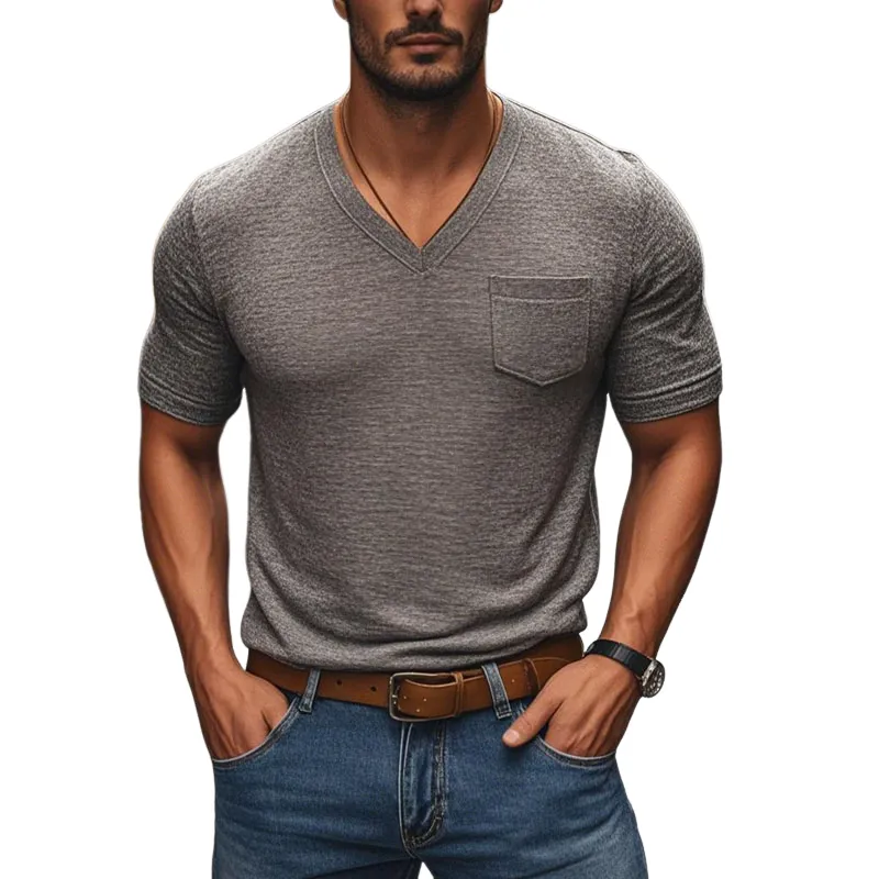 Men's Casual Comfortable Cotton V-Neck Patch Pocket Slim Fit Short Sleeve T-Shirt MTA2750C5M sold by Manly
