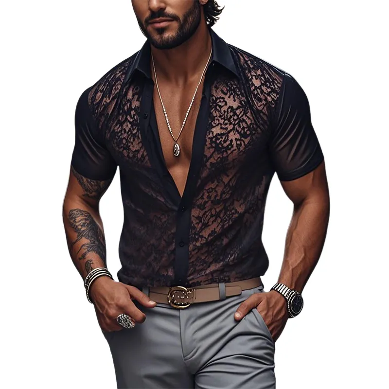 Men's Spring Fashion Sexy Lace Slim Black Short Sleeve Shirt MTA2751C0K sold by Manly
