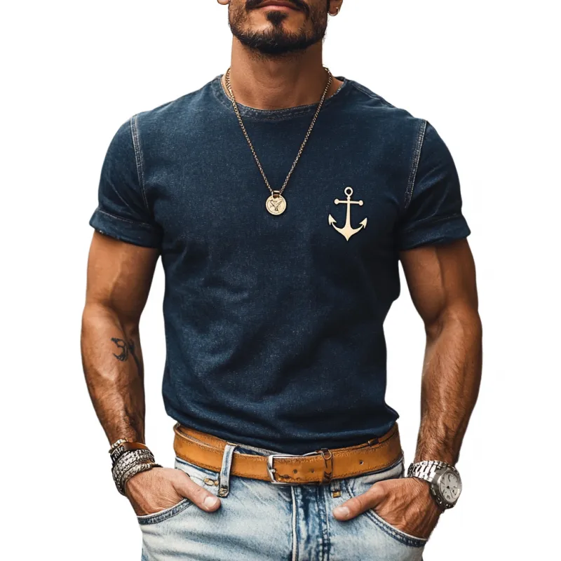 Men's Retro Denim Washed Anchor Print Round Neck Slim Fit Short Sleeve T-Shirt 64614766M sold by Manly