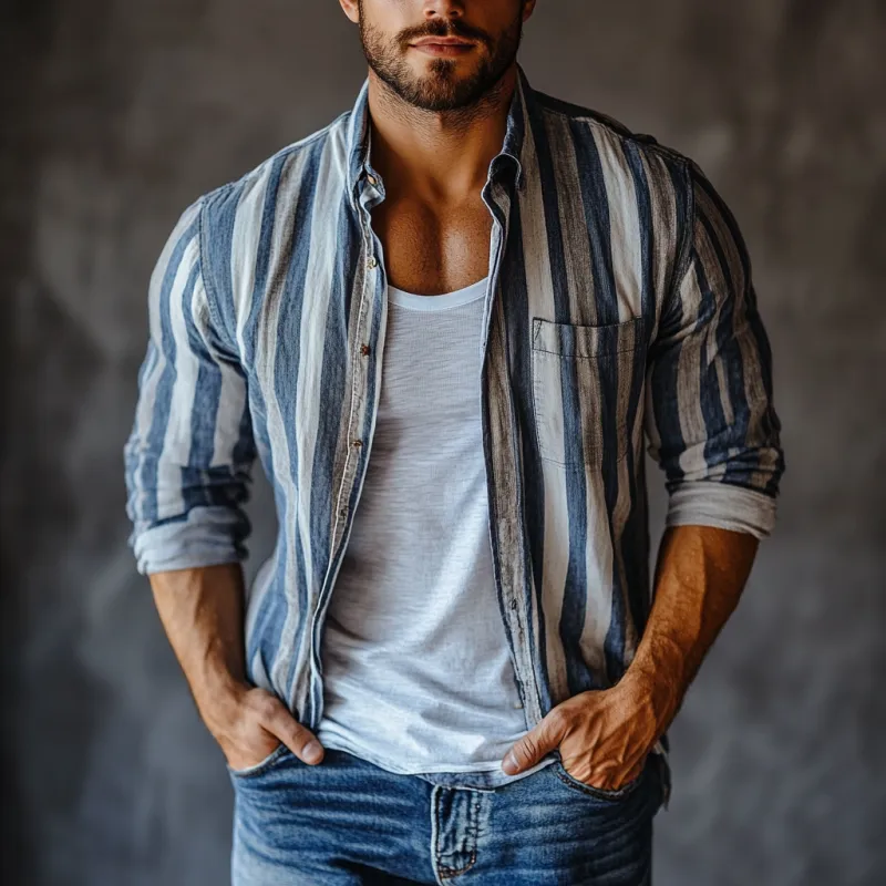 Men's Casual Linen Striped Lapel Single Breasted Loose Long Sleeve Shirt MTA2791C3M sold by Manly product image thumbnail 2