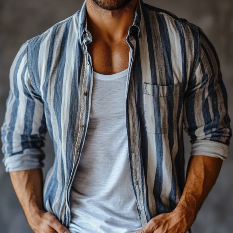 Men's Casual Linen Striped Lapel Single Breasted Loose Long Sleeve Shirt MTA2791C3M sold by Manly product image thumbnail 3