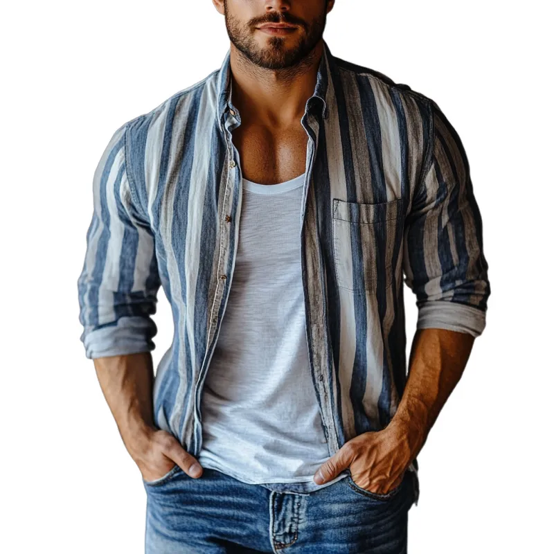 Men's Casual Linen Striped Lapel Single Breasted Loose Long Sleeve Shirt MTA2791C3M sold by Manly