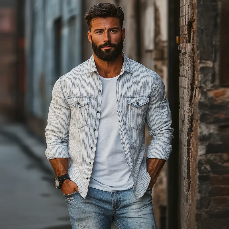 Men's Casual Comfort Cotton Linen Striped Lapel Chest Pocket Loose Long Sleeve Shirt MTA2792C0M sold by Manly product image thumbnail 3