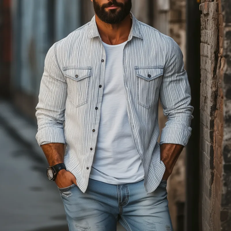 Men's Casual Comfort Cotton Linen Striped Lapel Chest Pocket Loose Long Sleeve Shirt MTA2792C0M sold by Manly product image thumbnail 2