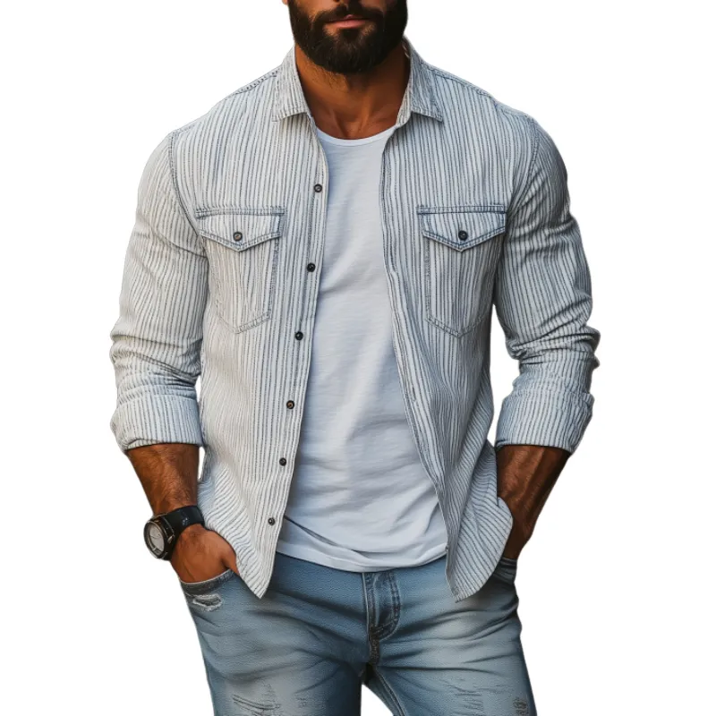 Men's Casual Comfort Cotton Linen Striped Lapel Chest Pocket Loose Long Sleeve Shirt MTA2792C0M sold by Manly