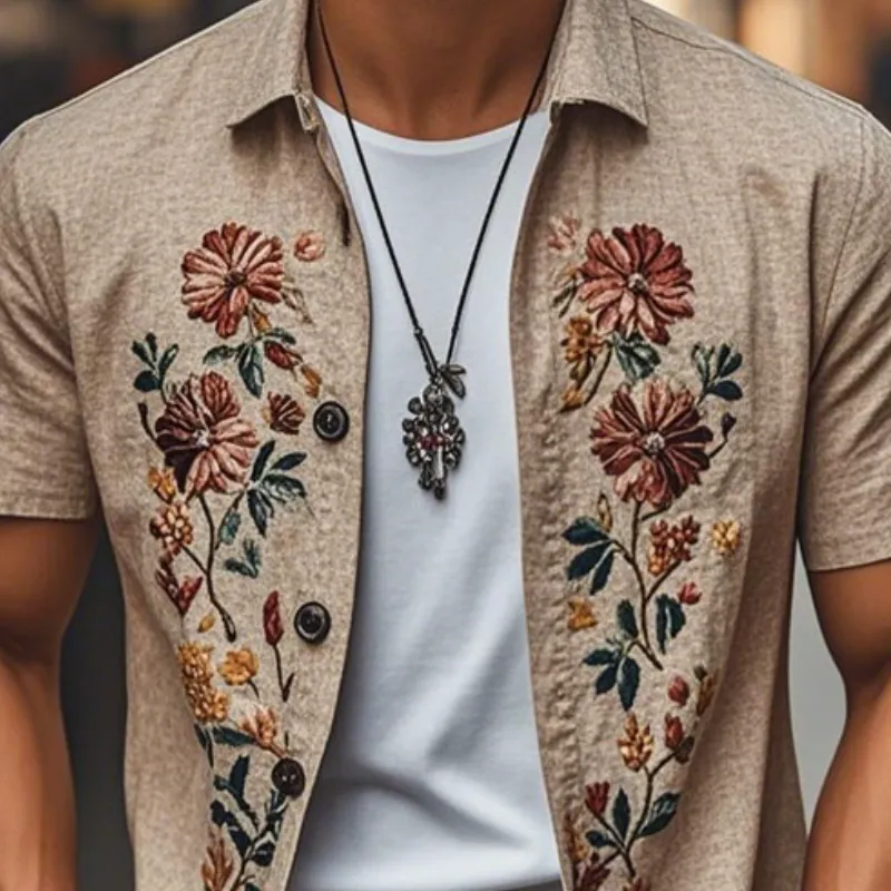Men's Casual Linen Embroidered Lapel Single Breasted Short Sleeve Shirt MTA2771C3M sold by Manly product image thumbnail 3
