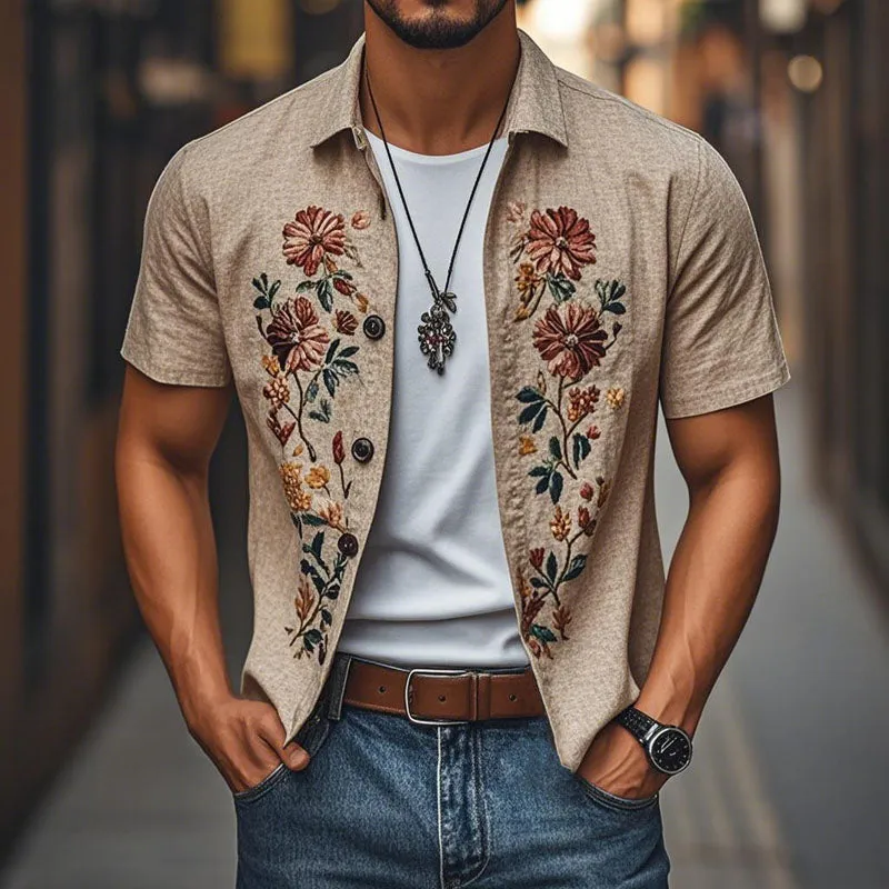 Men's Casual Linen Embroidered Lapel Single Breasted Short Sleeve Shirt MTA2771C3M sold by Manly product image thumbnail 2