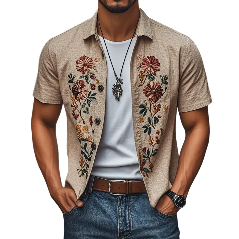 Men's Casual Linen Embroidered Lapel Single Breasted Short Sleeve Shirt MTA2771C3M sold by Manly