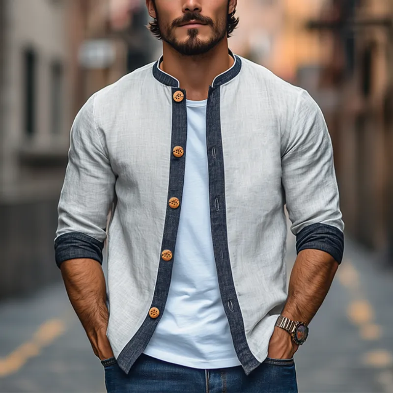 Men's Spring Fashion Classic Retro Cotton and Linen Splicing Long Sleeve Shirt MTA2776C7K sold by Manly product image thumbnail 2