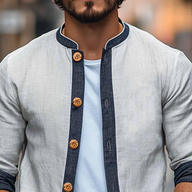 Men's Spring Fashion Classic Retro Cotton and Linen Splicing Long Sleeve Shirt MTA2776C7K sold by Manly product image thumbnail 3