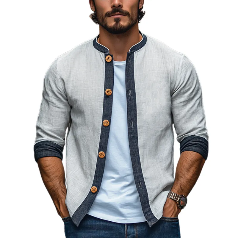 Men's Spring Fashion Classic Retro Cotton and Linen Splicing Long Sleeve Shirt MTA2776C7K sold by Manly
