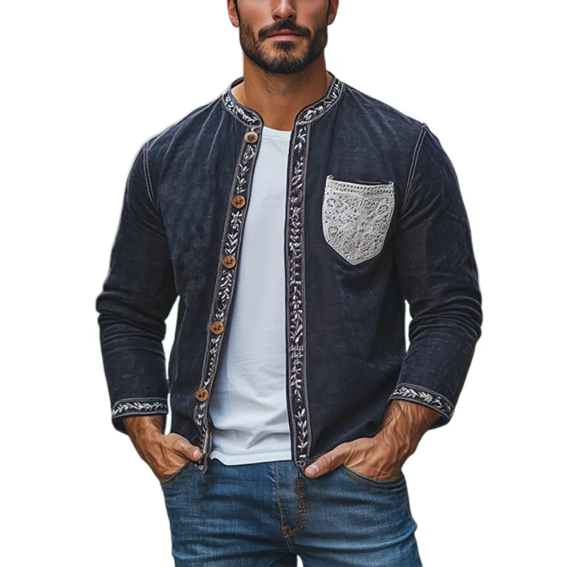 Men's Spring Fashion Retro Lace Splicing Cotton and Linen Long Sleeve Shirt MTA2708C6K sold by Manly