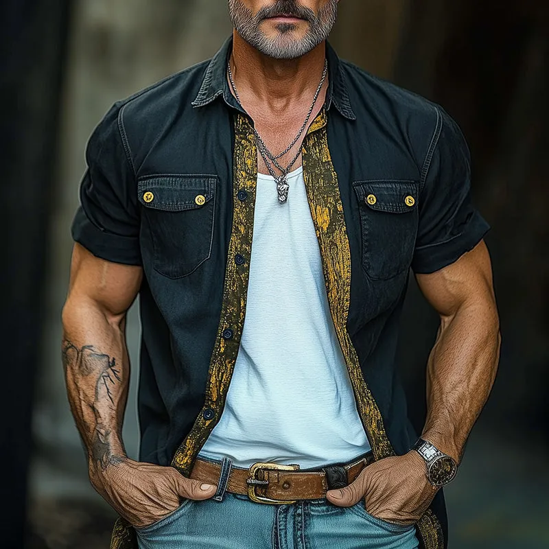 Men's Retro Western Print Denim Short Sleeve Shirt MTA2646C4P sold by Manly product image thumbnail 2