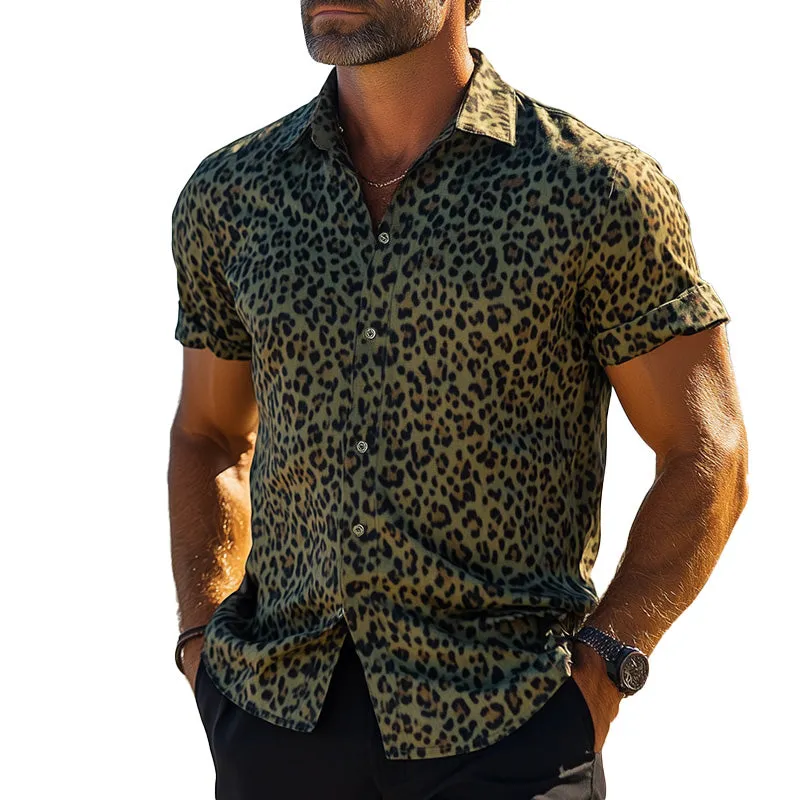 Men's Vintage Leopard Print Cotton and Linen Short Sleeve Shirt MTA2782C4P sold by Manly