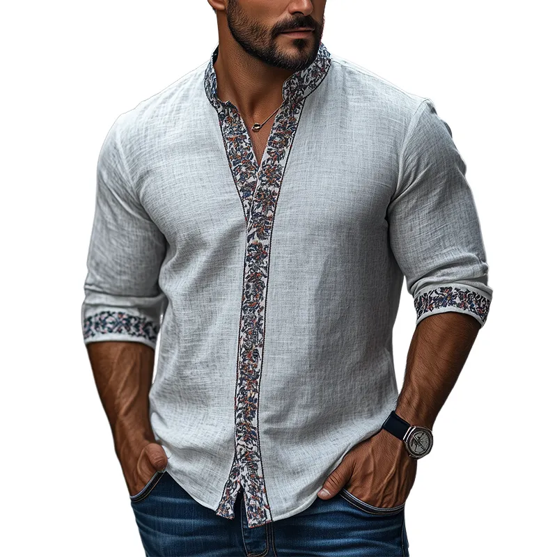 Men's Spring Classic Retro Ethnic Printed Stand Collar Long Sleeve Shirt MTA2156C8K sold by Manly