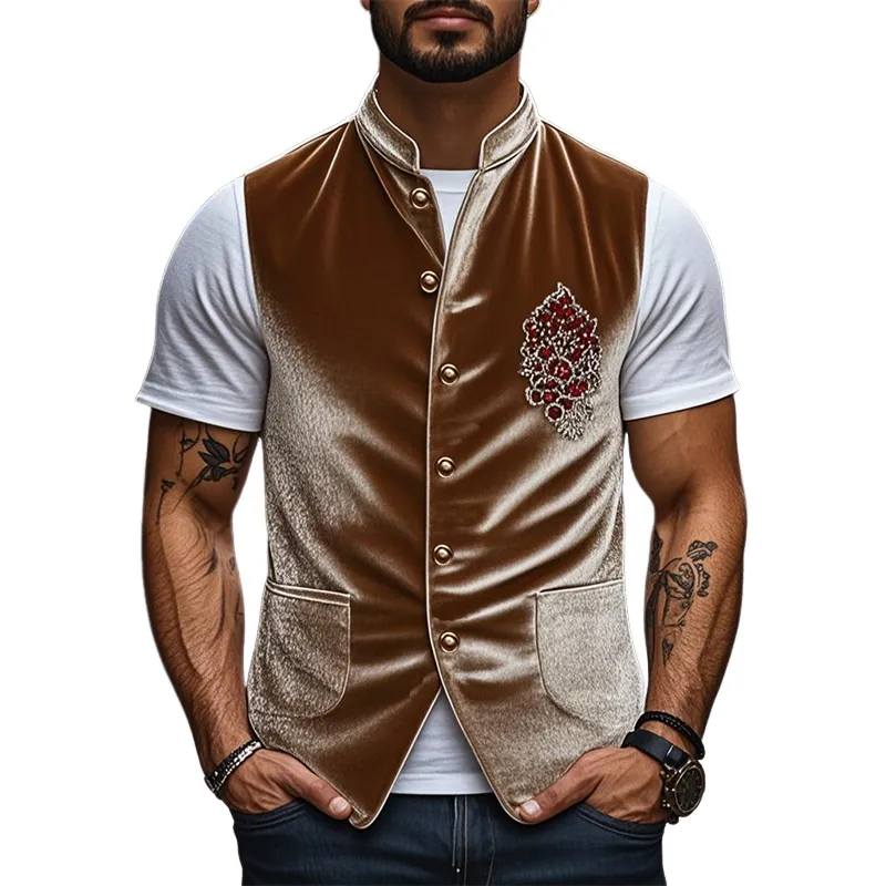 Men's Spring Fashion Retro Embroidered Velvet Slim Stand Collar Vest MTA2715C7K sold by Manly