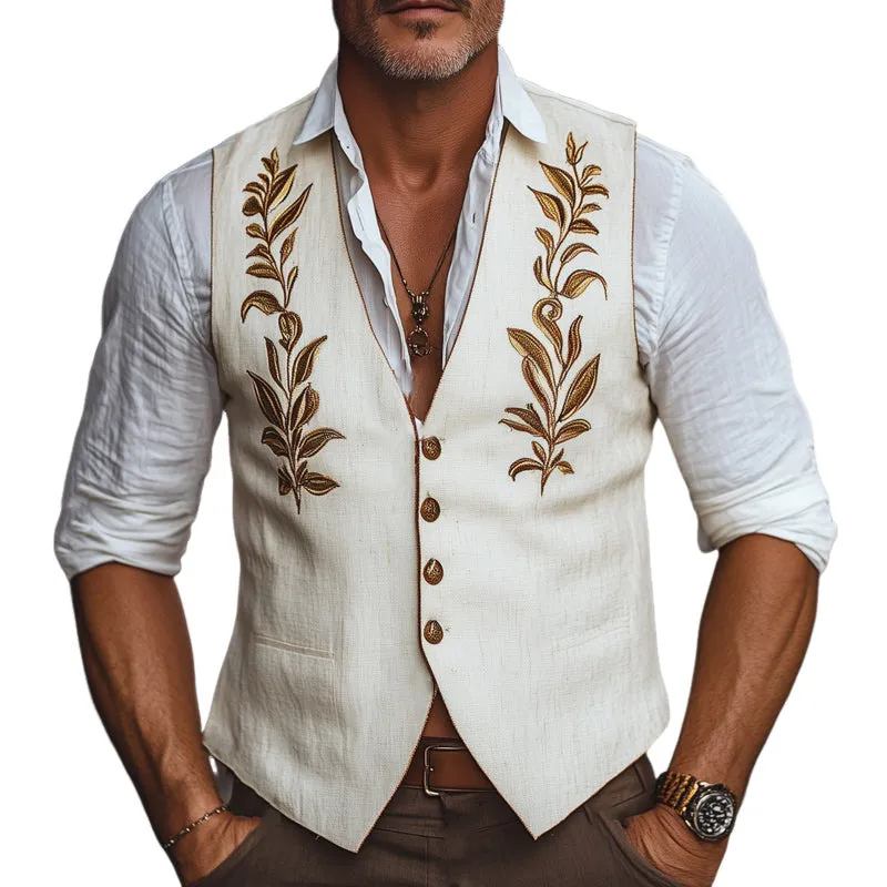 Men's Vintage Cotton and Linen Gold Embroidered Vest MTA2791C3U sold by Manly
