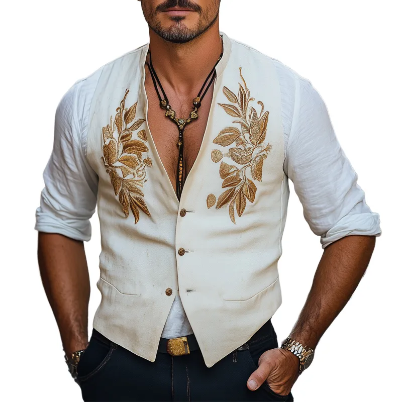 Men's Comfortable Cotton and Linen Gold Embroidered Vest MTA2770C0U sold by Manly