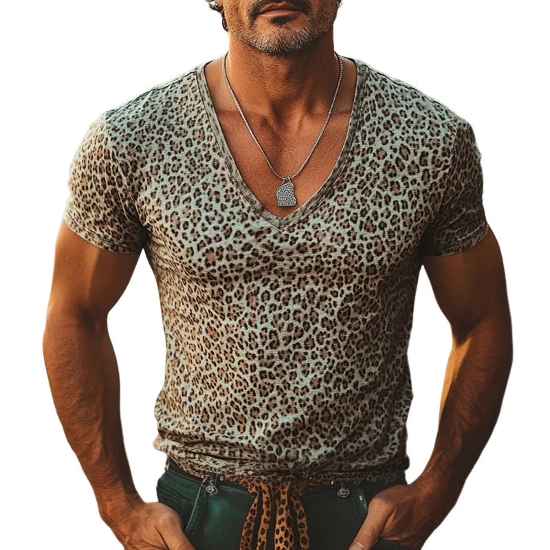 Men's Summer Comfortable V-Neck Leopard Print T-Shirt MTA2789C6U sold by Manly