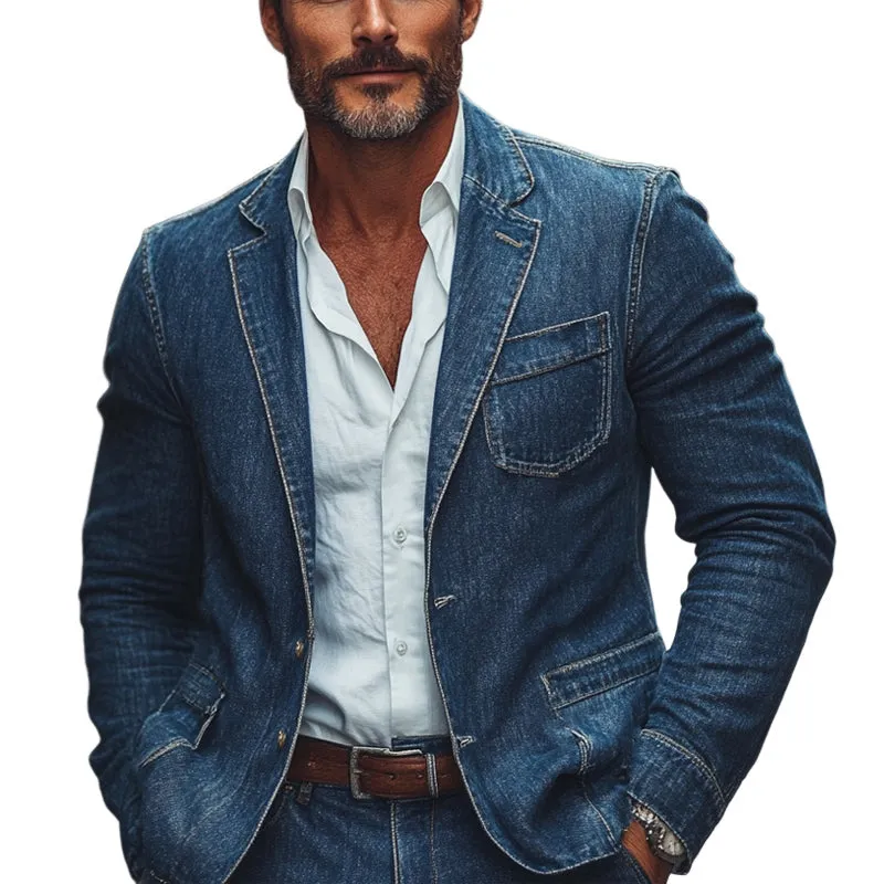 Men’S Dark Blue Textured Washed Denim Blazer MTA2657C6U sold by Manly