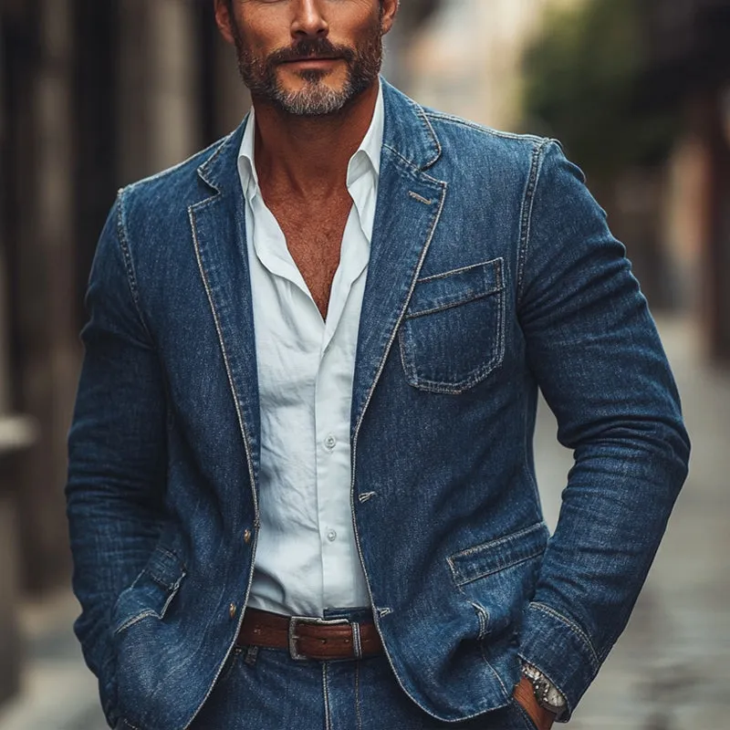 Men’S Dark Blue Textured Washed Denim Blazer MTA2657C6U sold by Manly product image thumbnail 2