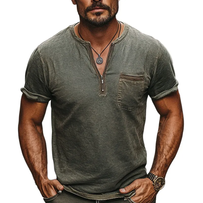 Men's Dark Green Distressed Half-Zip Casual Skin Friendly T-Shirt MTA2644C7U sold by Manly