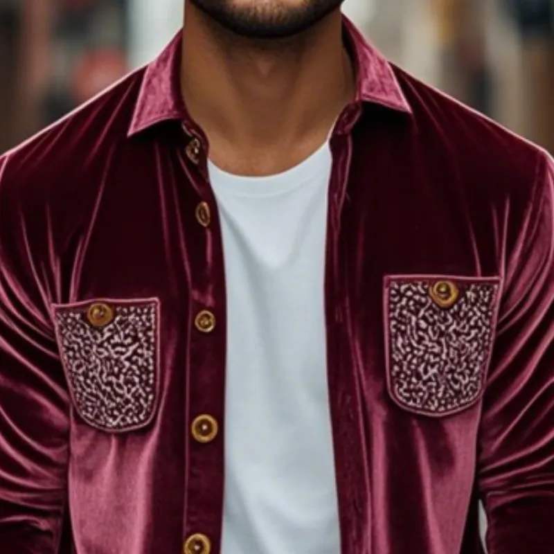 Men's Spring Fashion Retro Embroidery Velvet Long Sleeve Shirt MTA2880C0K sold by Manly product image thumbnail 3