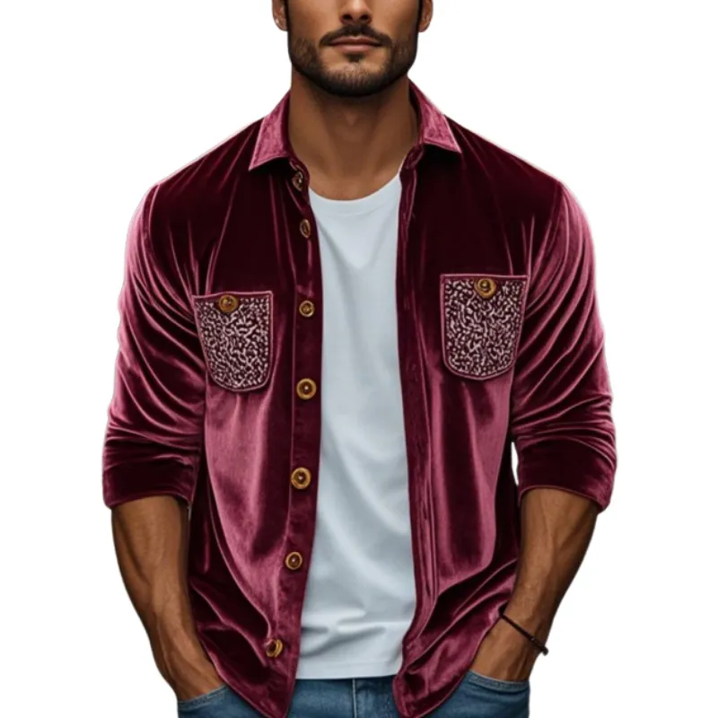 Men's Spring Fashion Retro Embroidery Velvet Long Sleeve Shirt MTA2880C0K sold by Manly
