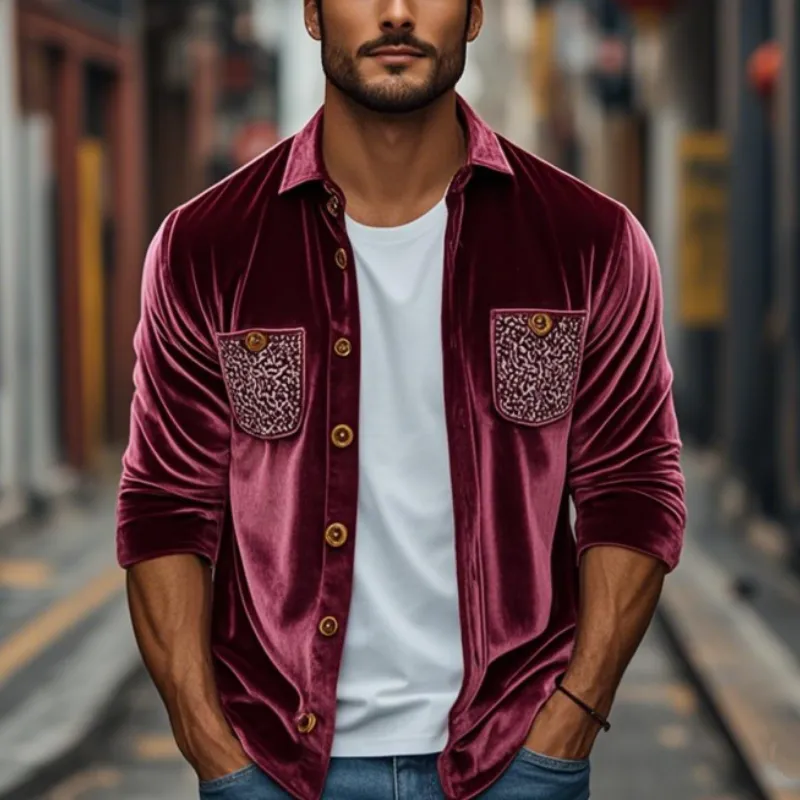 Men's Spring Fashion Retro Embroidery Velvet Long Sleeve Shirt MTA2880C0K sold by Manly product image thumbnail 2