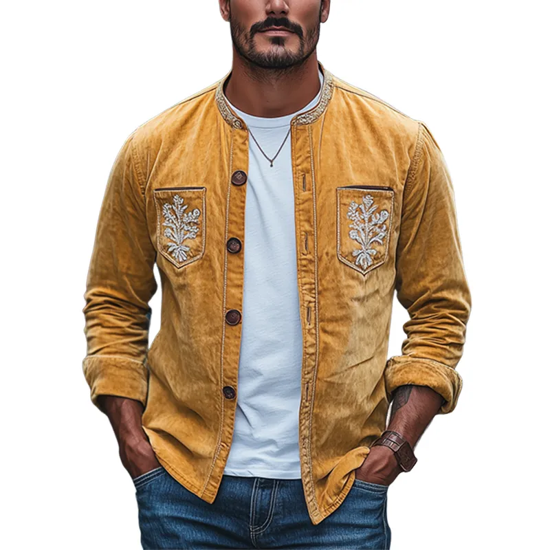 Men's Spring Fashion Retro Embroidered Suede Long Sleeve Shirt MTA2877C2K sold by Manly