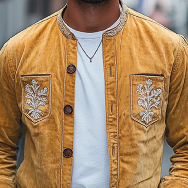 Men's Spring Fashion Retro Embroidered Suede Long Sleeve Shirt MTA2877C2K sold by Manly product image thumbnail 3