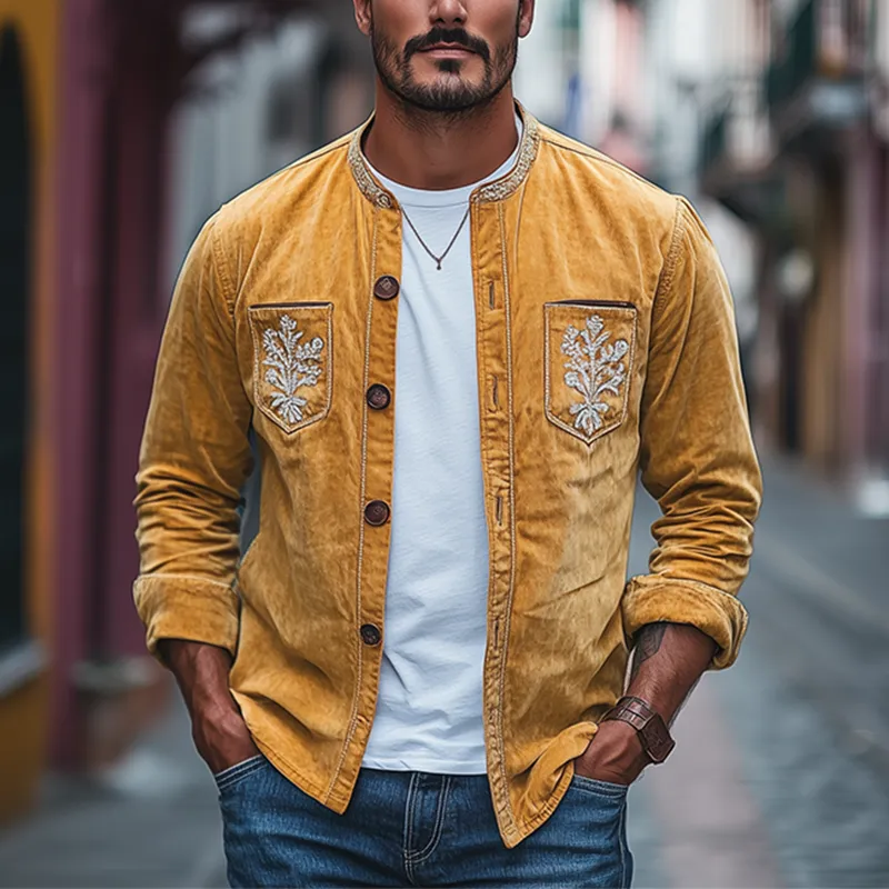 Men's Spring Fashion Retro Embroidered Suede Long Sleeve Shirt MTA2877C2K sold by Manly product image thumbnail 2