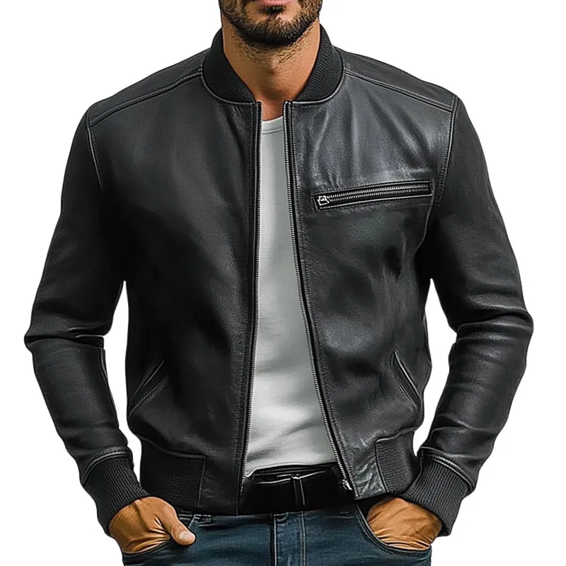 Men's Spring and Autumn Pure Black PU Leather Jacket MTA2853C7U sold by Manly