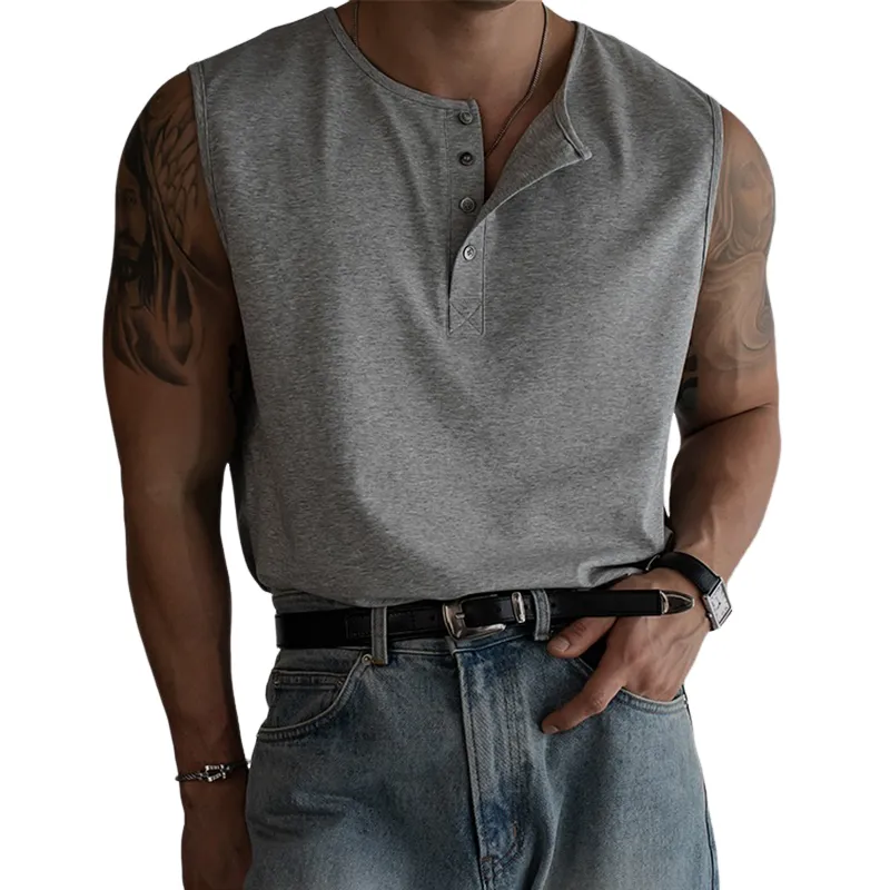 Men's Solid Henley Collar Sleeveless Tank Top MTA2737C8Z sold by Manly