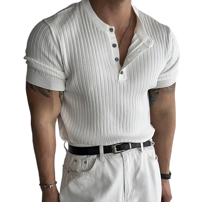 Men's Fashion Solid Knit Striped Henley Collar Short Sleeve T-shirt MTA2732C0Z sold by Manly