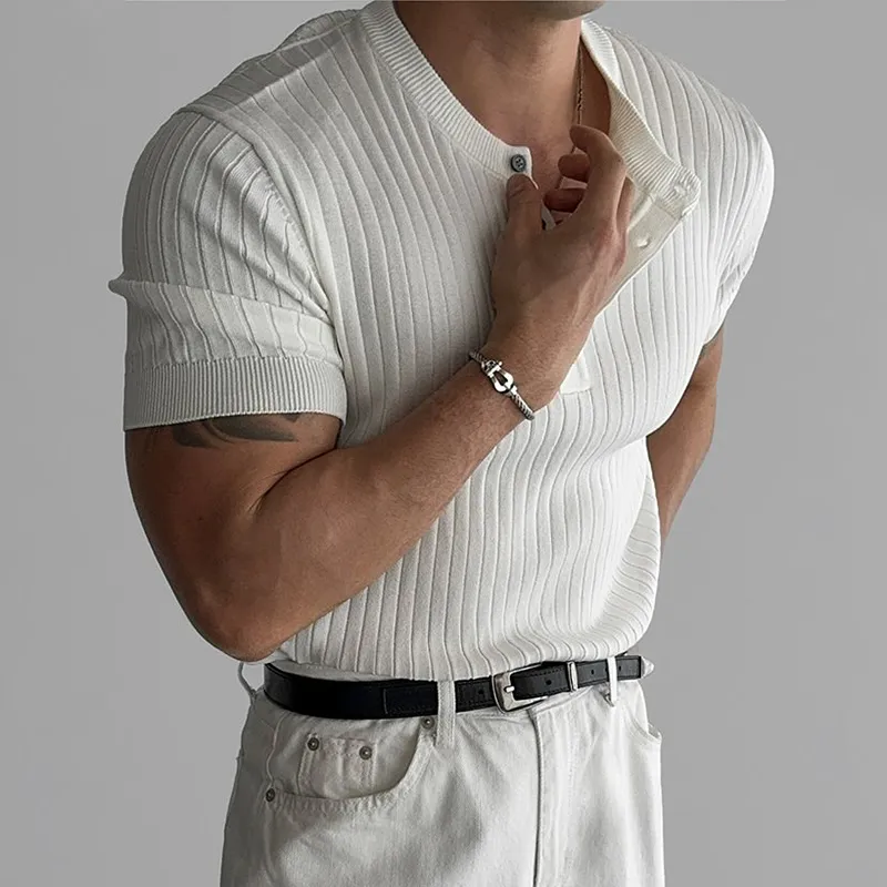 Men's Fashion Solid Knit Striped Henley Collar Short Sleeve T-shirt MTA2732C0Z sold by Manly product image thumbnail 3